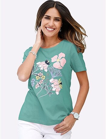 T-shirt en coton avec col rond à manches courtes et imprimé floral - taille standard - moda vilona