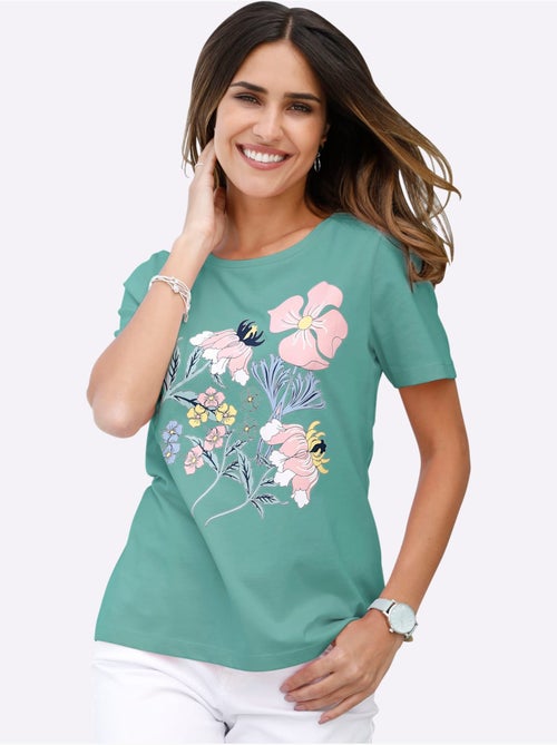 T-shirt en coton avec col rond à manches courtes et imprimé floral - Taille standard - Moda Vilona - Kiabi