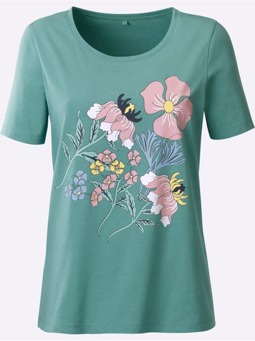 T-shirt en coton avec col rond à manches courtes et imprimé floral - Taille standard - Moda Vilona - Kiabi