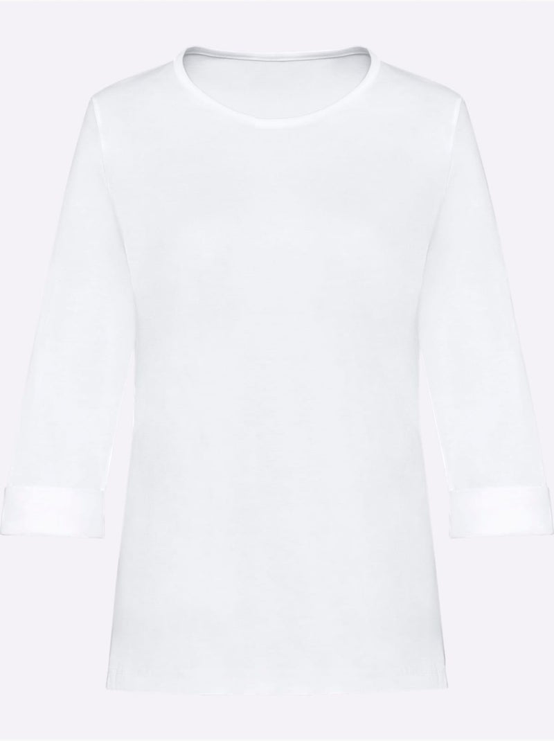 T-shirt en coton avec col rond et manches 3/4 à revers - taille standard - moda vilona Blanc - Kiabi