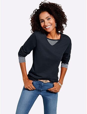 T-shirt en coton avec col V et empiècements rayés à manches longues - Taille standard - Moda Vilona