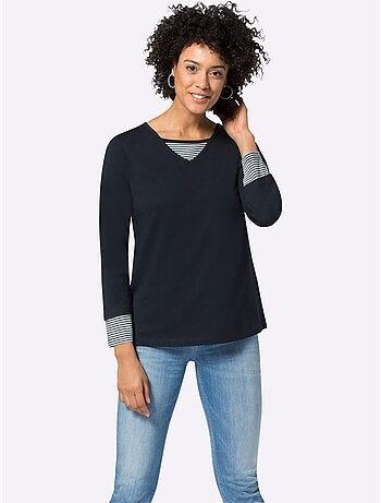 T-shirt en coton avec col V et empiècements rayés à manches longues - Taille standard - Moda Vilona