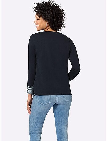 T-shirt en coton avec col V et empiècements rayés à manches longues - Taille standard - Moda Vilona