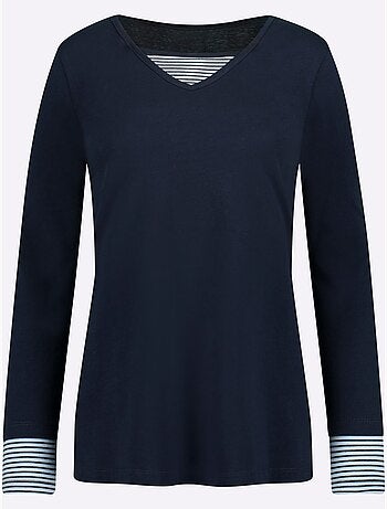 T-shirt en coton avec col V et empiècements rayés à manches longues - Taille standard - Moda Vilona