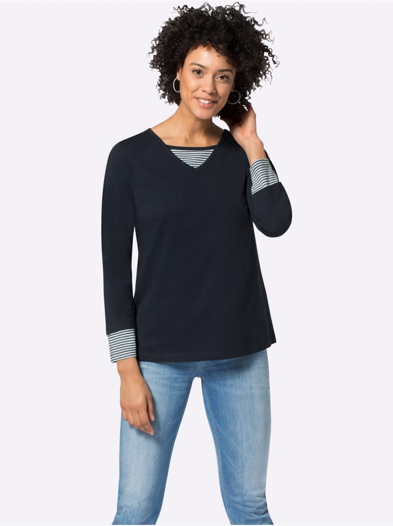 T-shirt en coton avec col V et empiècements rayés à manches longues - Taille standard - Moda Vilona Bleu marine - Kiabi