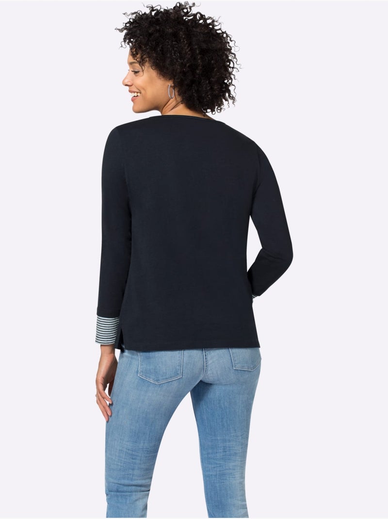 T-shirt en coton avec col V et empiècements rayés à manches longues - Taille standard - Moda Vilona Bleu marine - Kiabi