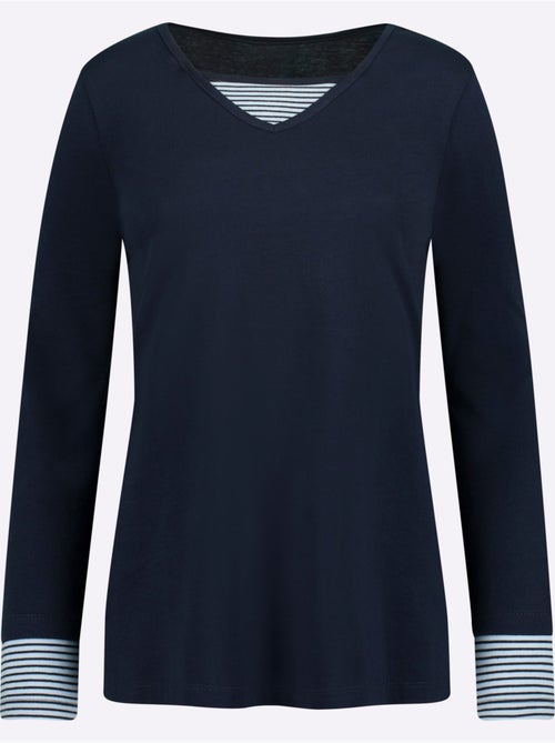 T-shirt en coton avec col V et empiècements rayés à manches longues - Taille standard - Moda Vilona - Kiabi