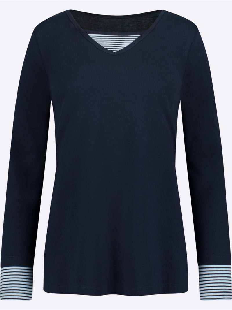T-shirt en coton avec col V et empiècements rayés à manches longues - Taille standard - Moda Vilona Bleu marine - Kiabi