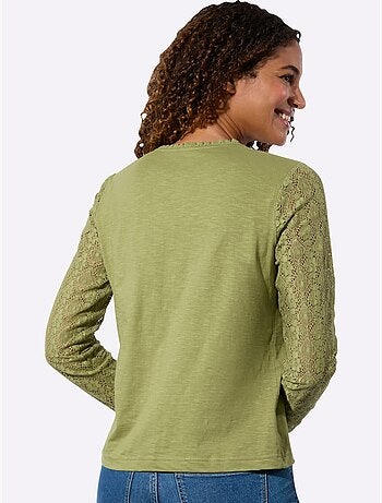 T-shirt en coton avec col V et manches longues en dentelle - Taille standard - Witt