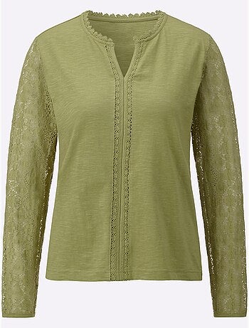 T-shirt en coton avec col V et manches longues en dentelle - Taille standard - Witt
