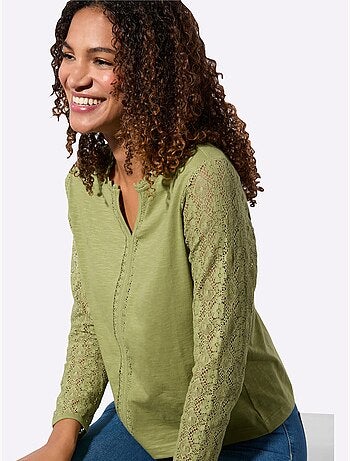 T-shirt en coton avec col V et manches longues en dentelle - Taille standard - Witt