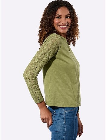 T-shirt en coton avec col V et manches longues en dentelle - Taille standard - Witt
