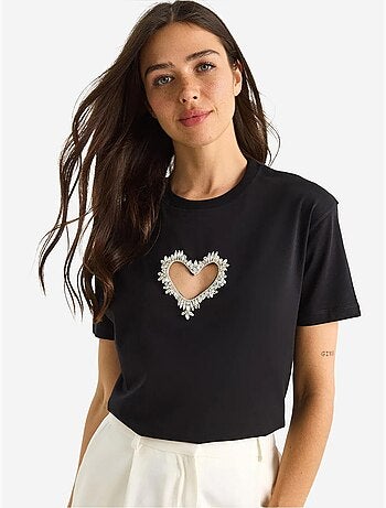 T-shirt en coton avec découpe cœur et pierres lucci