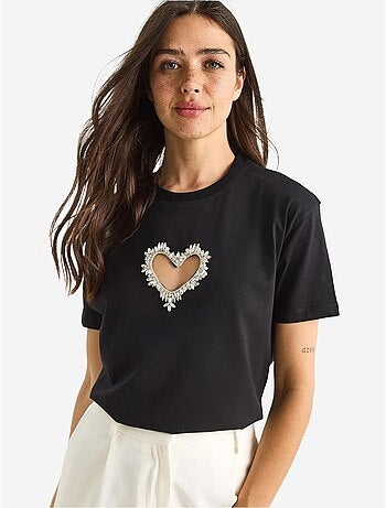T-shirt en coton avec découpe cœur et pierres lucci