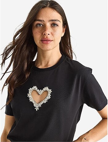 T-shirt en coton avec découpe cœur et pierres lucci