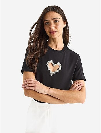 T-shirt en coton avec découpe cœur et pierres lucci