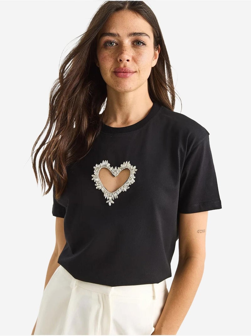 T-shirt en coton avec découpe cœur et pierres lucci Noir - Kiabi