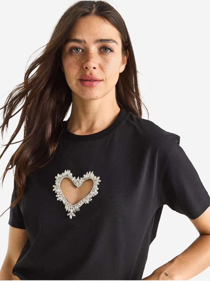 T-shirt en coton avec découpe cœur et pierres lucci Noir - Kiabi