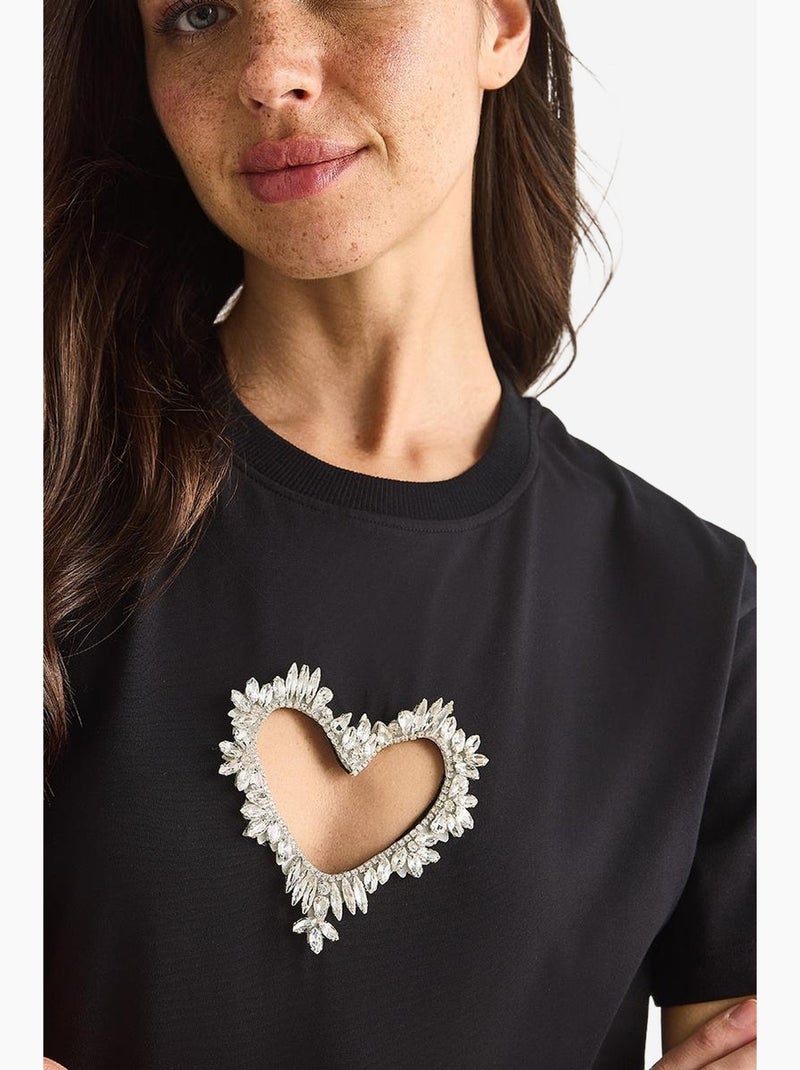 T-shirt en coton avec découpe cœur et pierres lucci Noir - Kiabi