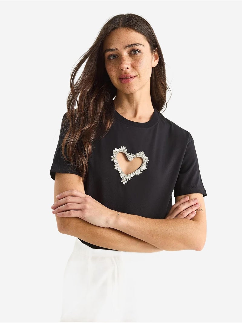 T-shirt en coton avec découpe cœur et pierres lucci Noir - Kiabi