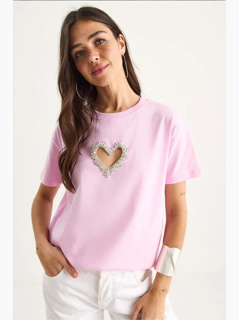 T-shirt en coton avec découpe cœur et pierres lucci Rose - Kiabi