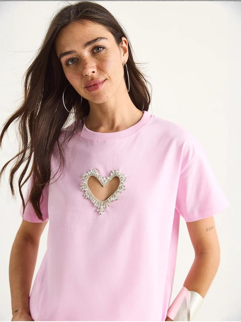 T-shirt en coton avec découpe cœur et pierres lucci Rose - Kiabi