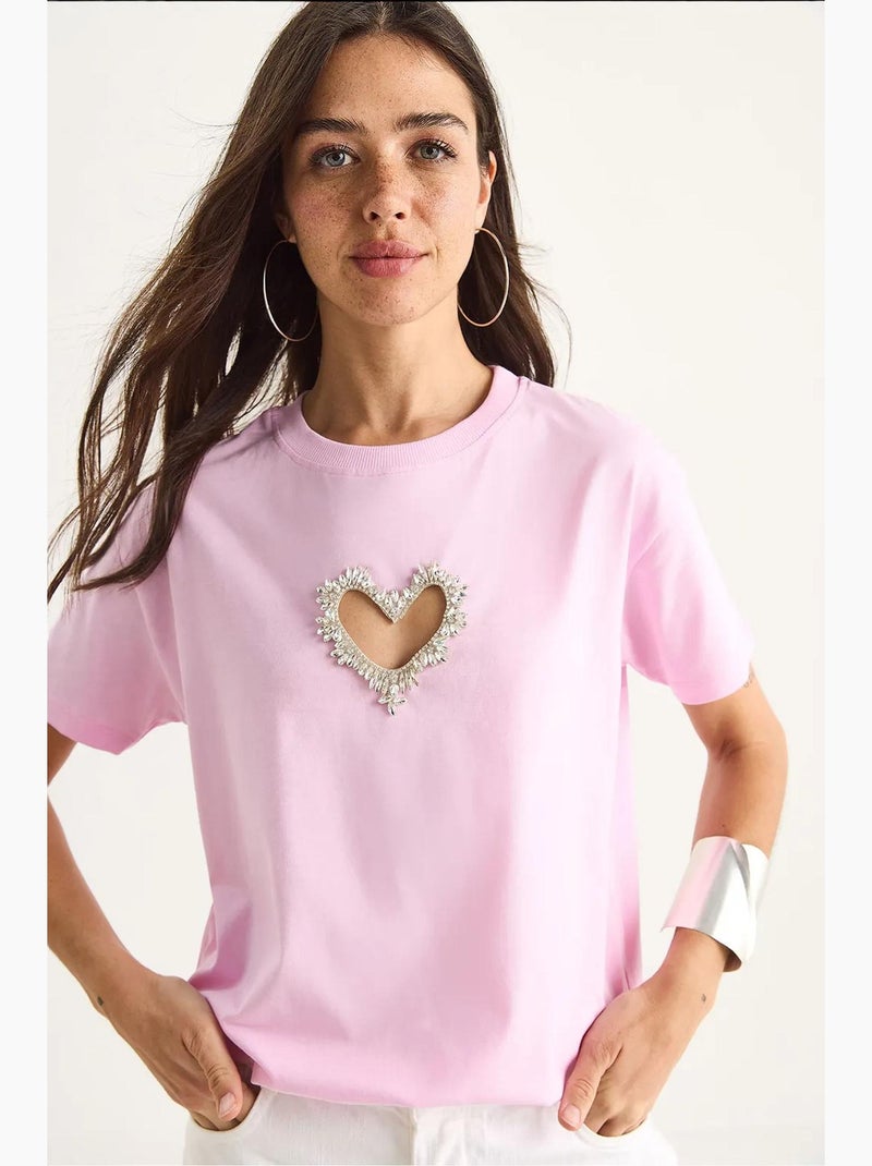 T-shirt en coton avec découpe cœur et pierres lucci Rose - Kiabi