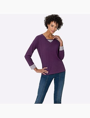 T-shirt en coton avec col v et empiècements rayés à manches longues - taille standard - moda vilona