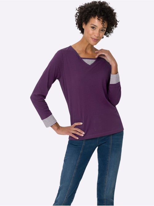 T-shirt en coton avec empiècements rayés col en v et manches longues - Taille standard - Moda Vilona - Kiabi