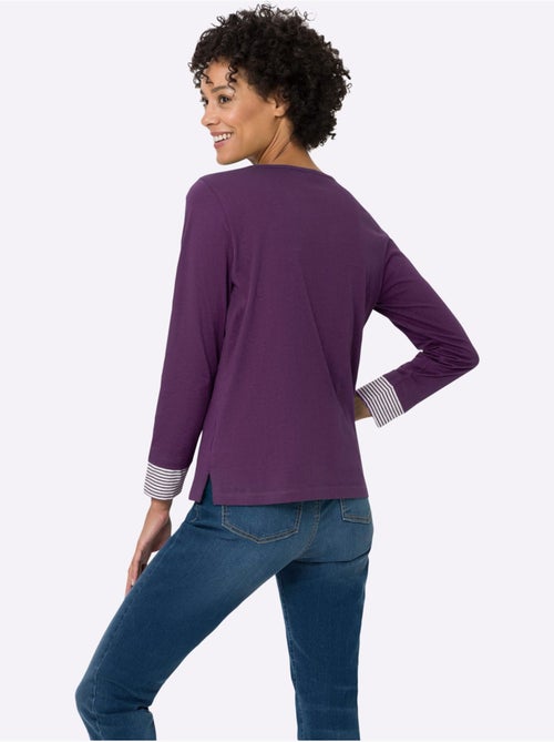 T-shirt en coton avec empiècements rayés col en v et manches longues - Taille standard - Moda Vilona - Kiabi