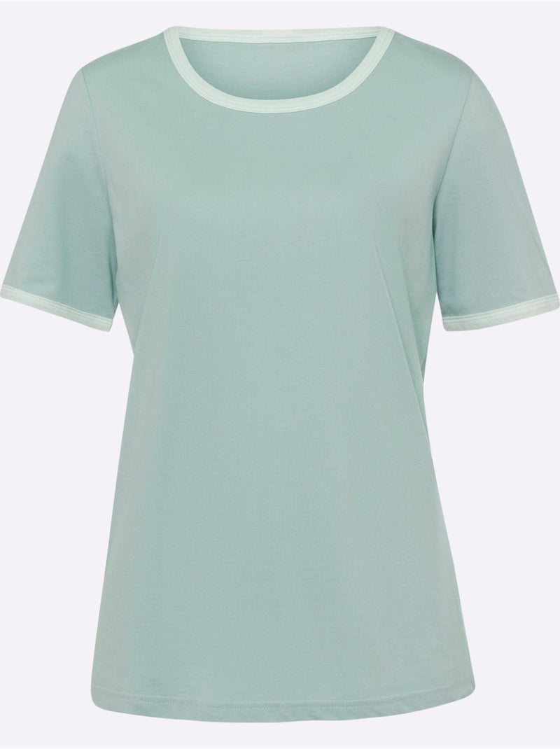T-shirt en coton avec encolure ronde et manches courtes - Taille standard - Moda Vilona Écru/Vert - Kiabi