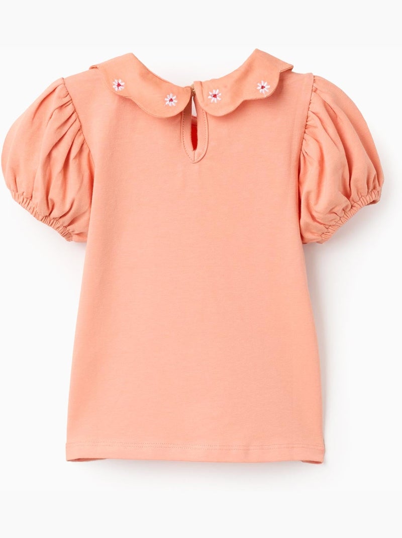 T-shirt en coton avec fleurs brodées Orange clair - Kiabi