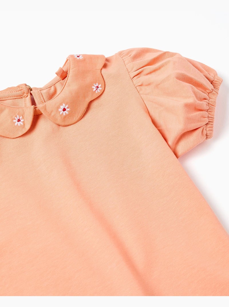 T-shirt en coton avec fleurs brodées Orange clair - Kiabi