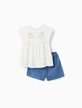T-shirt en coton avec fleurs + short en jean