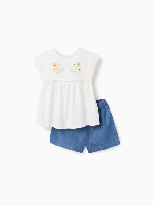T-shirt en coton avec fleurs + short en jean - Kiabi