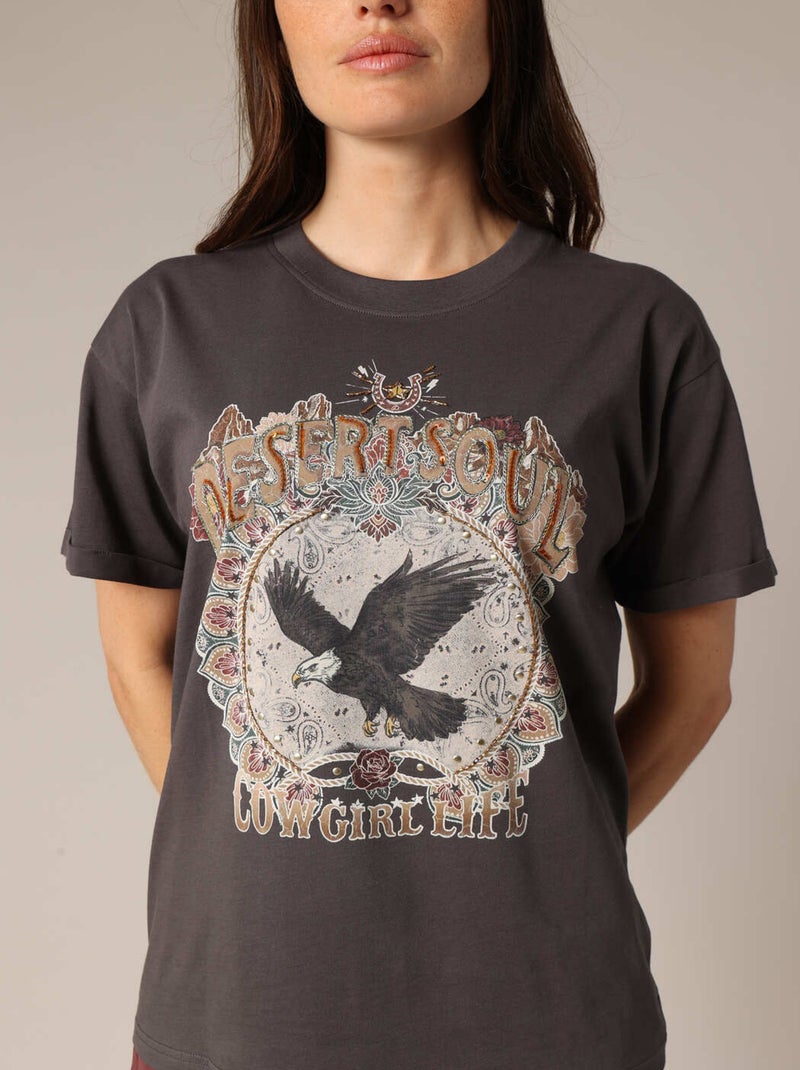 T-shirt en coton avec imprimé aigle et message « Desert Soul » 'Deeluxe' gris anthracite - Kiabi