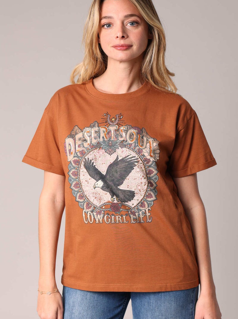 T-shirt en coton avec imprimé aigle et message « Desert Soul » 'Deeluxe' Marron - Kiabi