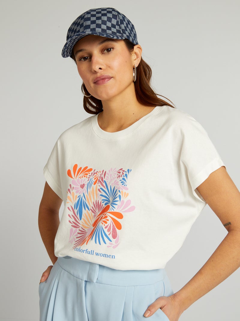 T-shirt en coton avec imprimé Blanc fleuri - Kiabi