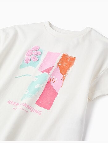 T-shirt en coton avec imprimé en relief et broderie