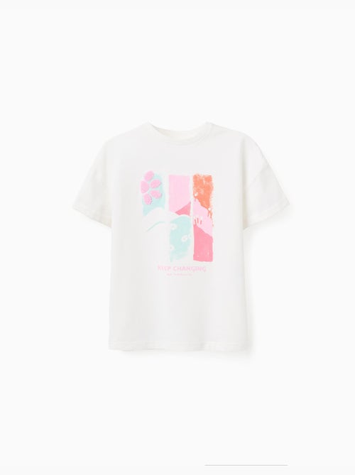 T-shirt en coton avec imprimé en relief et broderie - Kiabi