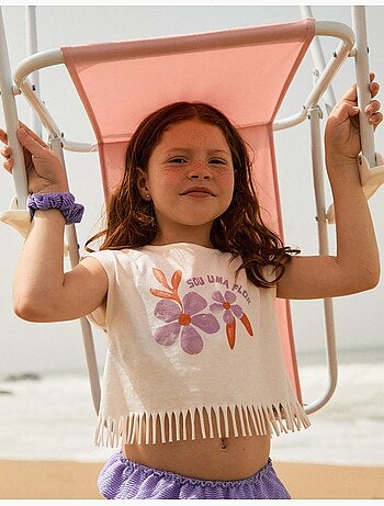 T-shirt en coton avec imprimé fleurs et franges