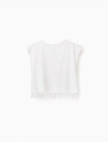 T-shirt en coton avec imprimé fleurs et franges