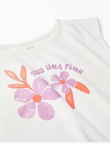 T-shirt en coton avec imprimé fleurs et franges