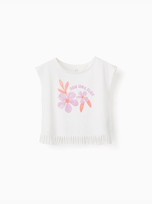 T-shirt en coton avec imprimé fleurs et franges - Kiabi