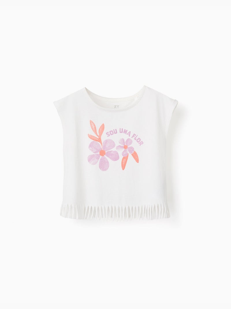 T-shirt en coton avec imprimé fleurs et franges Blanc - Kiabi