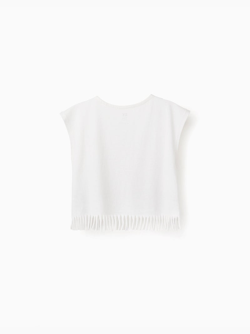 T-shirt en coton avec imprimé fleurs et franges Blanc - Kiabi