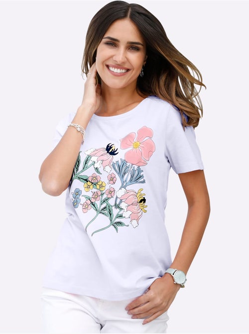 T-shirt en coton avec imprimé floral col rond manches courtes - Taille standard - Moda Vilona - Kiabi T-shirt en coton avec imprimé floral col rond manches courtes - Taille standard - Moda Vilona - Kiabi
