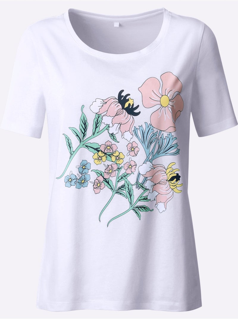 T-shirt en coton avec imprimé floral col rond manches courtes - Taille standard - Moda Vilona Blanc - Kiabi