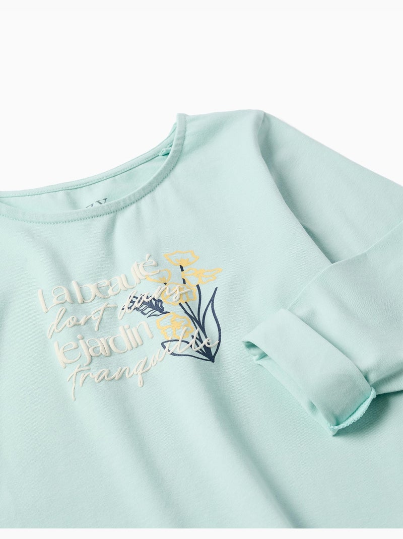 T-shirt en coton avec imprimé floral en relief Bleu clair - Kiabi