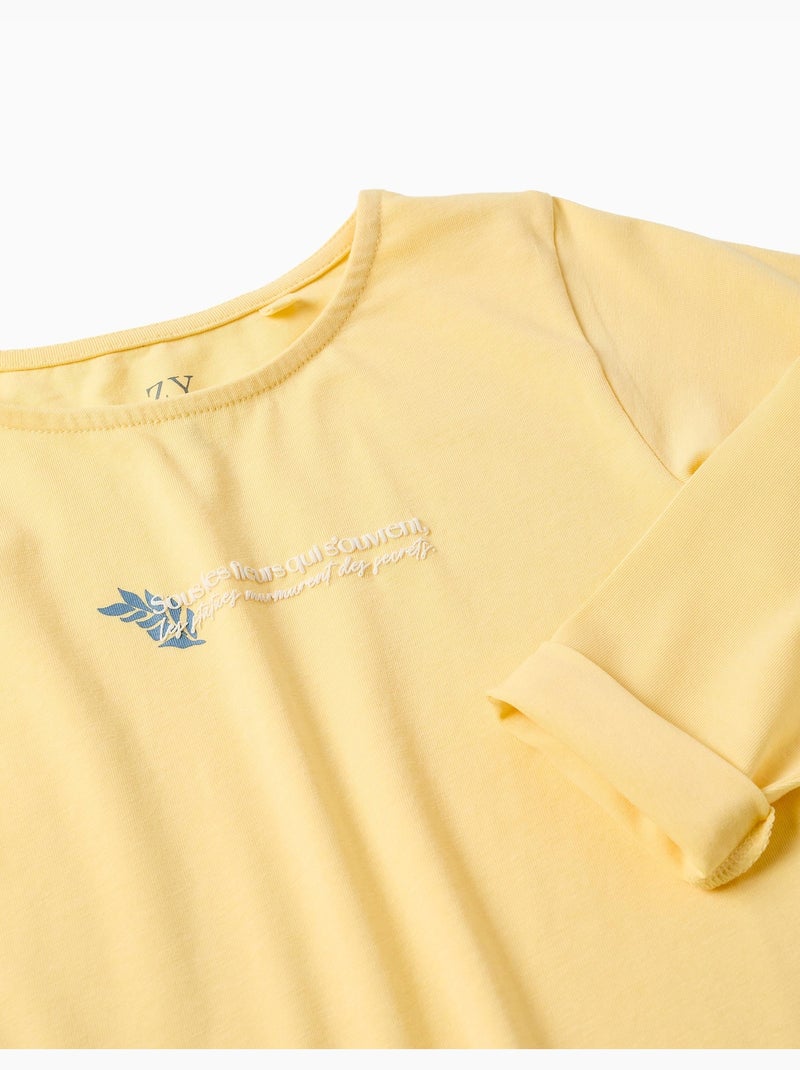 T-shirt en coton avec imprimé floral en relief Jaune clair - Kiabi